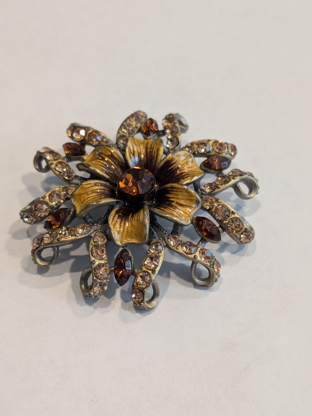 Vintage Floral Crystal Brooch with Amber Accents